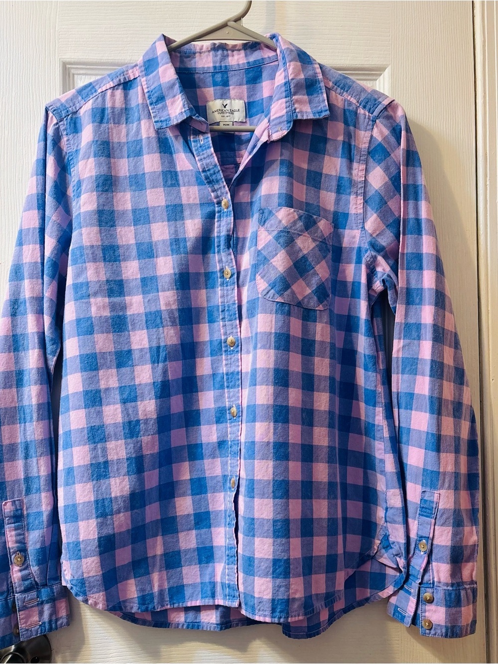 American Eagle Outfitters Pink and Blue Plaid Button-Down Shirt